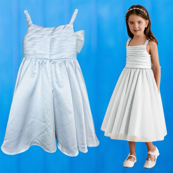 Azazie Gabbie A-Line Bow  Satin Dress Size 4 Wedding Classic white Big Bow - Picture 1 of 11